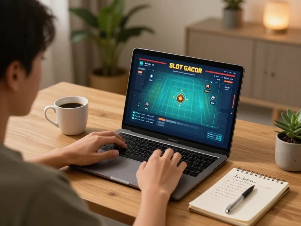 Enjoying Slot Gacor gameplay on a laptop during a cozy home session, highlighting responsible gaming.
