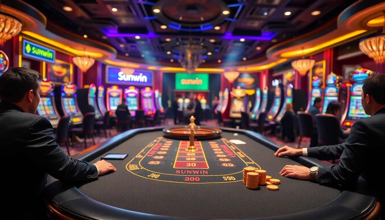 Experience thrilling casino action at Sunwin's luxurious poker tables with vibrant colors.