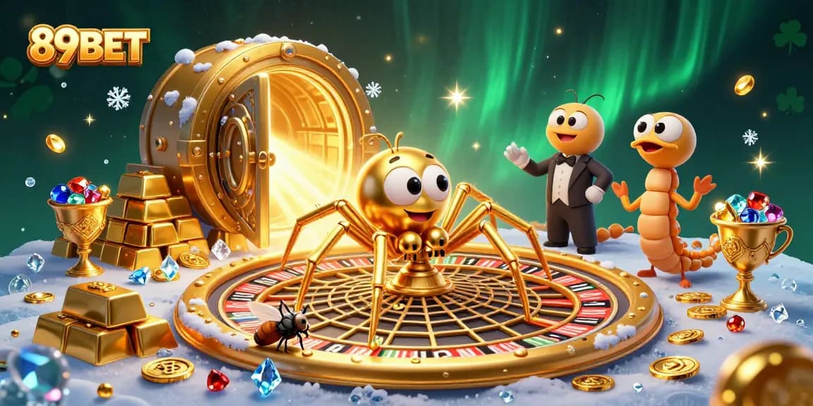 Spin the web of fortune at 89BET with a nervous fly and golden spider in a dynamic casino scene.