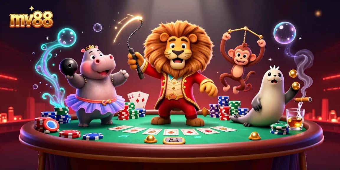 Experience the excitement of mv88 as cartoon characters play poker in a vibrant casino scene.