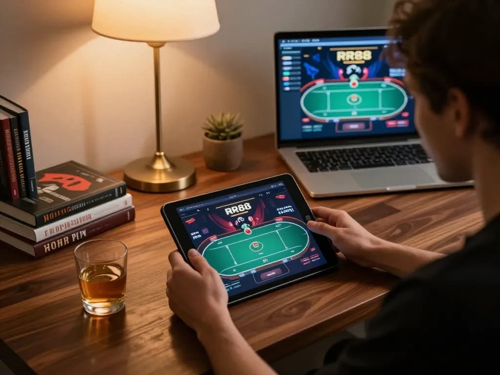Engaged player exploring RR88 poker game on a cozy tablet setup, emphasizing strategic gameplay.
