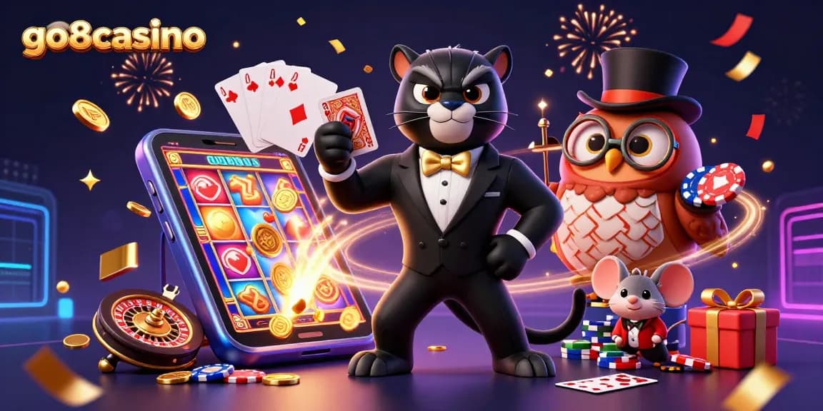 Play exciting games at go8casino with a stylish panther dealer and delightful characters amid falling confetti.