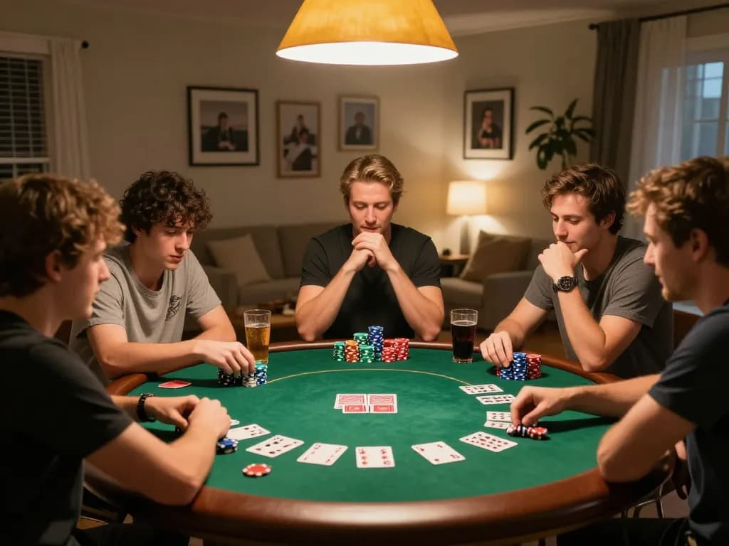 Friends enjoying a poker night at home, playing poker and celebrating, featuring 33win action.