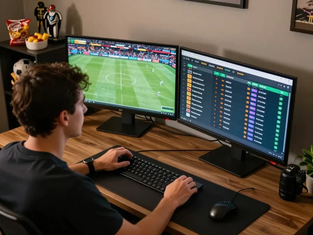 Betting strategies come to life in an engaging online setup at 88clbgo with dual screens showing live sports and betting odds.