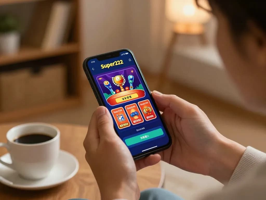 Engaging with Super222 mobile app for online casino gameplay in a cozy setting.