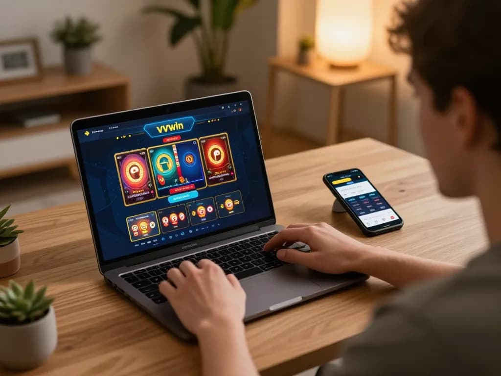 Player engaging with VVVwin casino app on laptop, showcasing online gaming experience