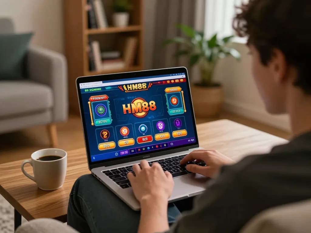 Players engaging with the HM88 online casino interface, showcasing vibrant game graphics and strategy focus.