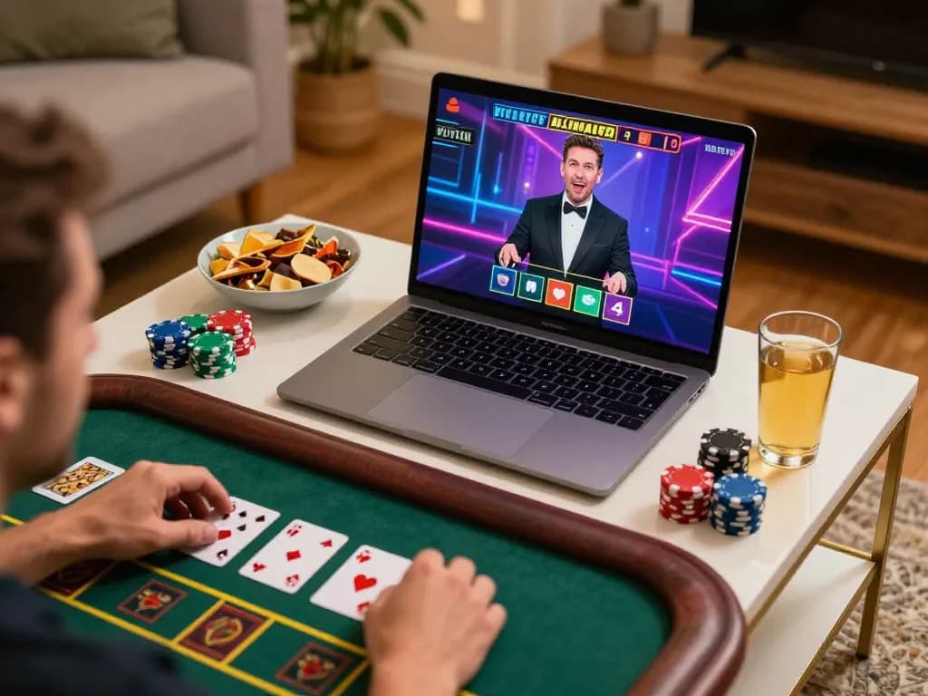 sv368 player engaging with live dealer game on laptop in cozy home setting