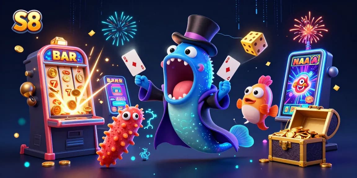 S8 promotes exciting casino adventures with vibrant characters and a bustling gaming atmosphere.