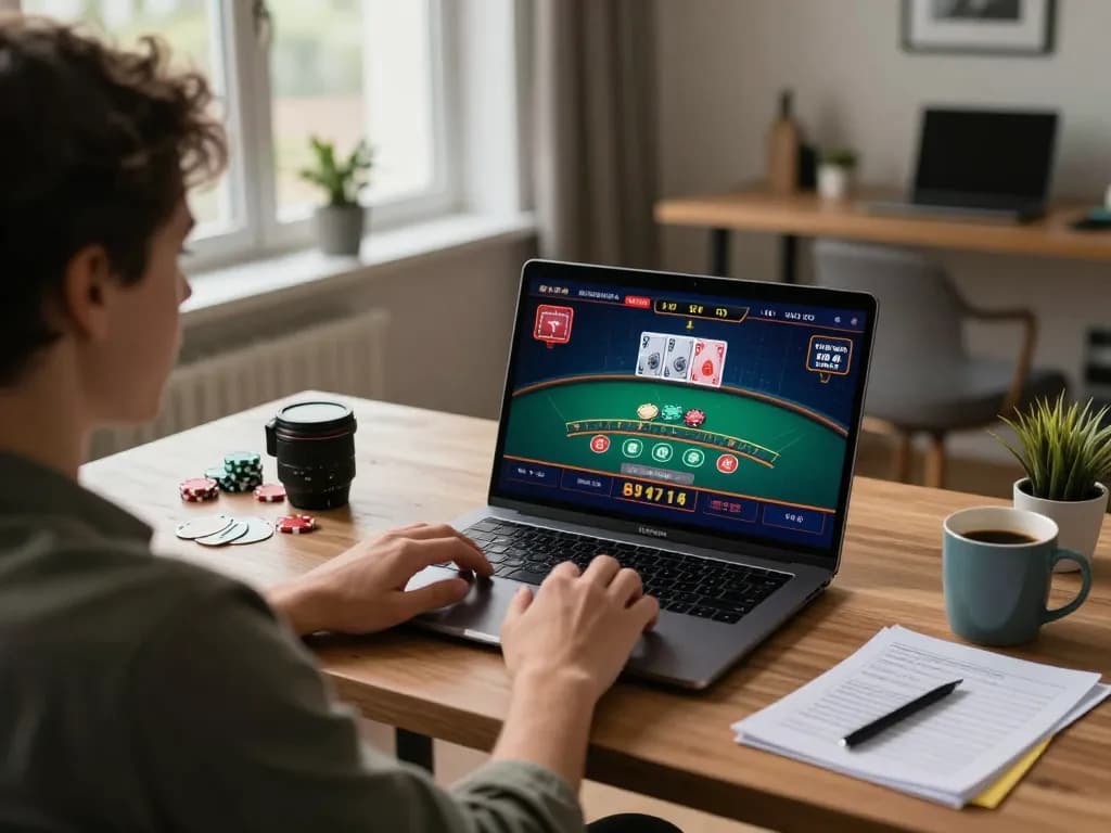 Player engaging in interactive online casino games on laptop, showcasing ga8888 and vibrant gaming atmosphere.