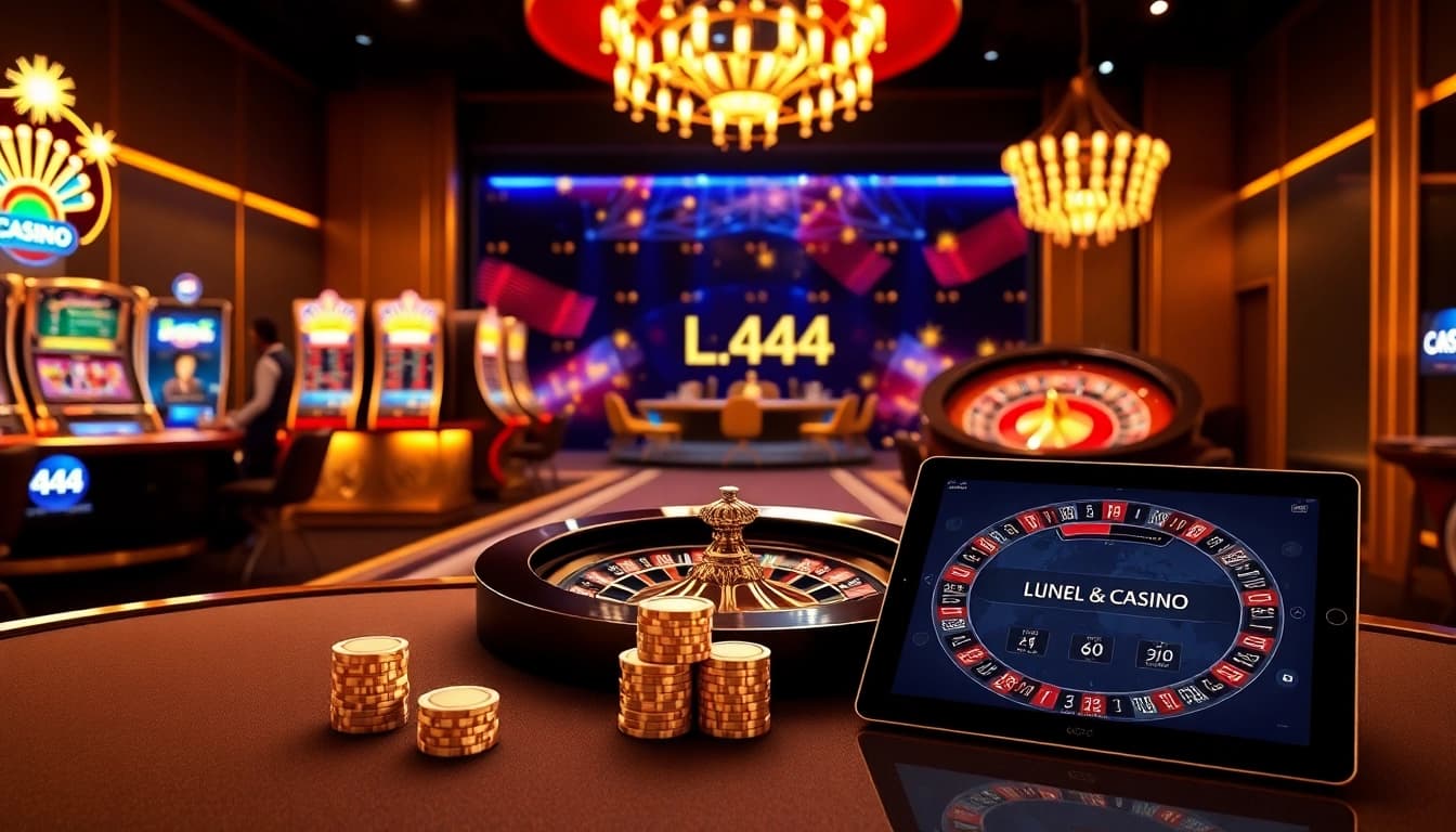 Exciting online gambling scene at https://l444.art/ featuring luxury poker tables, vibrant slots, and sleek digital interfaces.