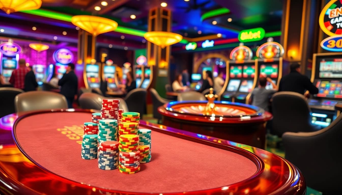 Exciting casino gaming scene with 8kbet logo featuring poker and betting action.