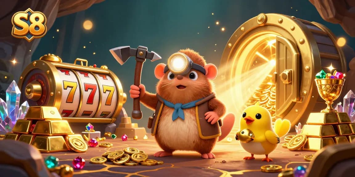 S8 jackpots reimagined with golden treasures and vibrant slot reels in an enchanting casino setting.