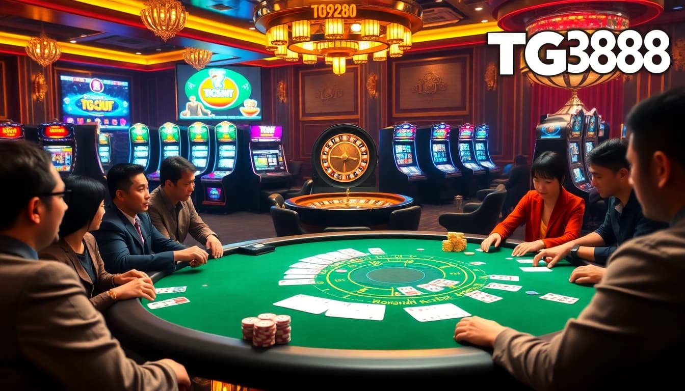 Experience the thrill at TG88 with vibrant poker chips and a roulette wheel in a luxurious casino setting.