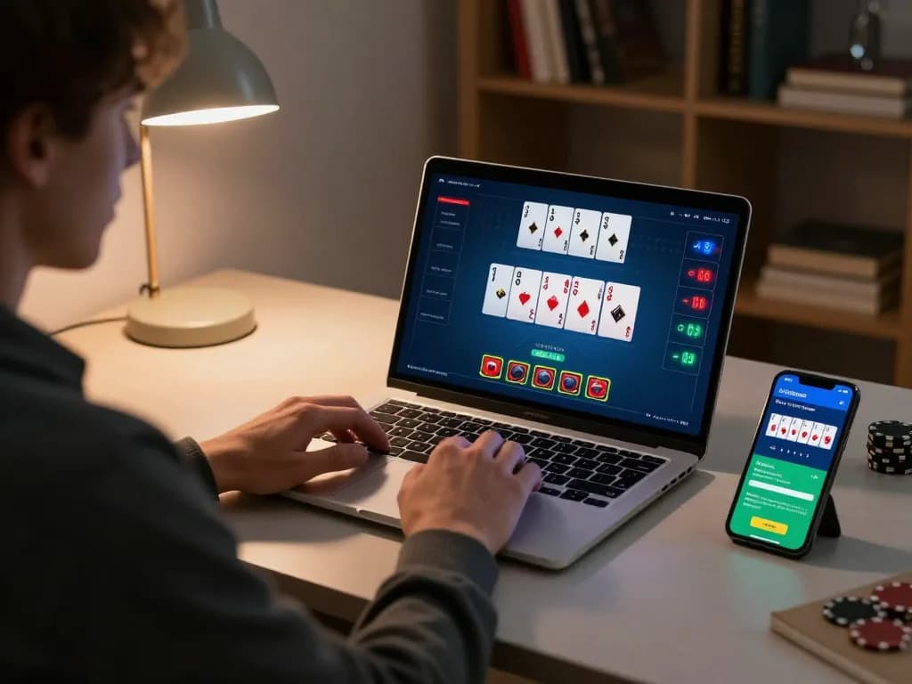 Player strategizing in online poker game at ee88, showcasing virtual gaming interface during cozy evening
