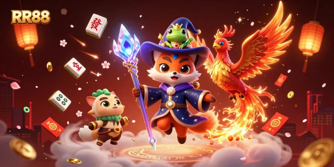 Engage with RR88 in an immersive gaming scene featuring whimsical characters and dazzling casino elements.