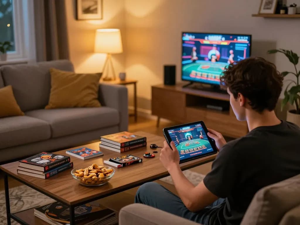 Engaging in responsible gaming at home with F168 casino app on tablet, strategy books and snacks visible.