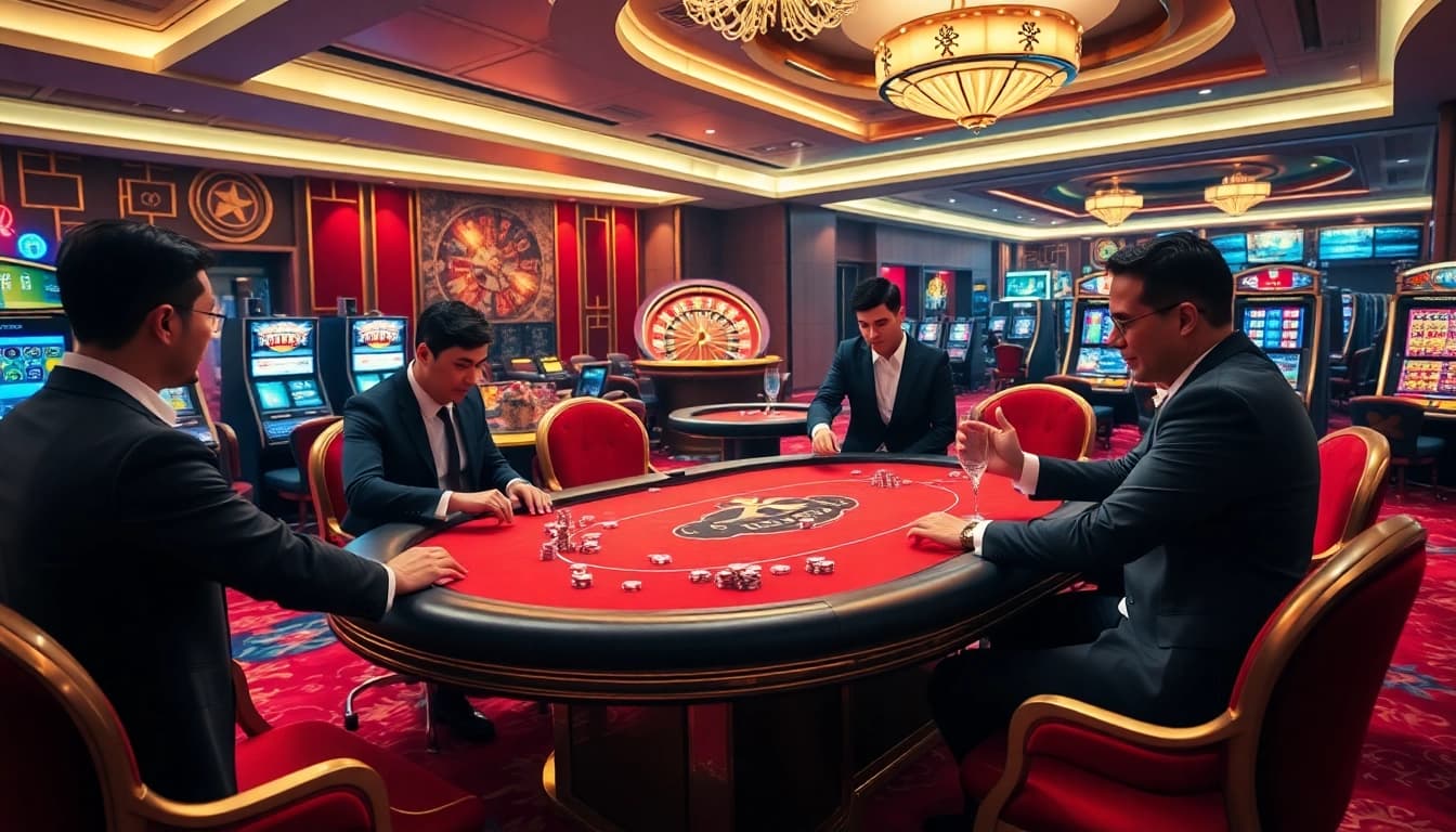 Experience thrilling actions at the poker table with XX88 in a luxurious casino setting.
