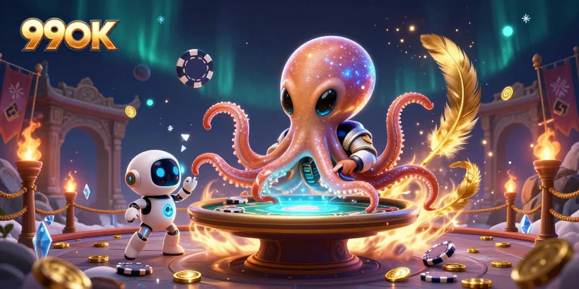 Experience thrilling gameplay at 99OK with an alien octopus dealing at a poker table surrounded by dynamic casino elements.