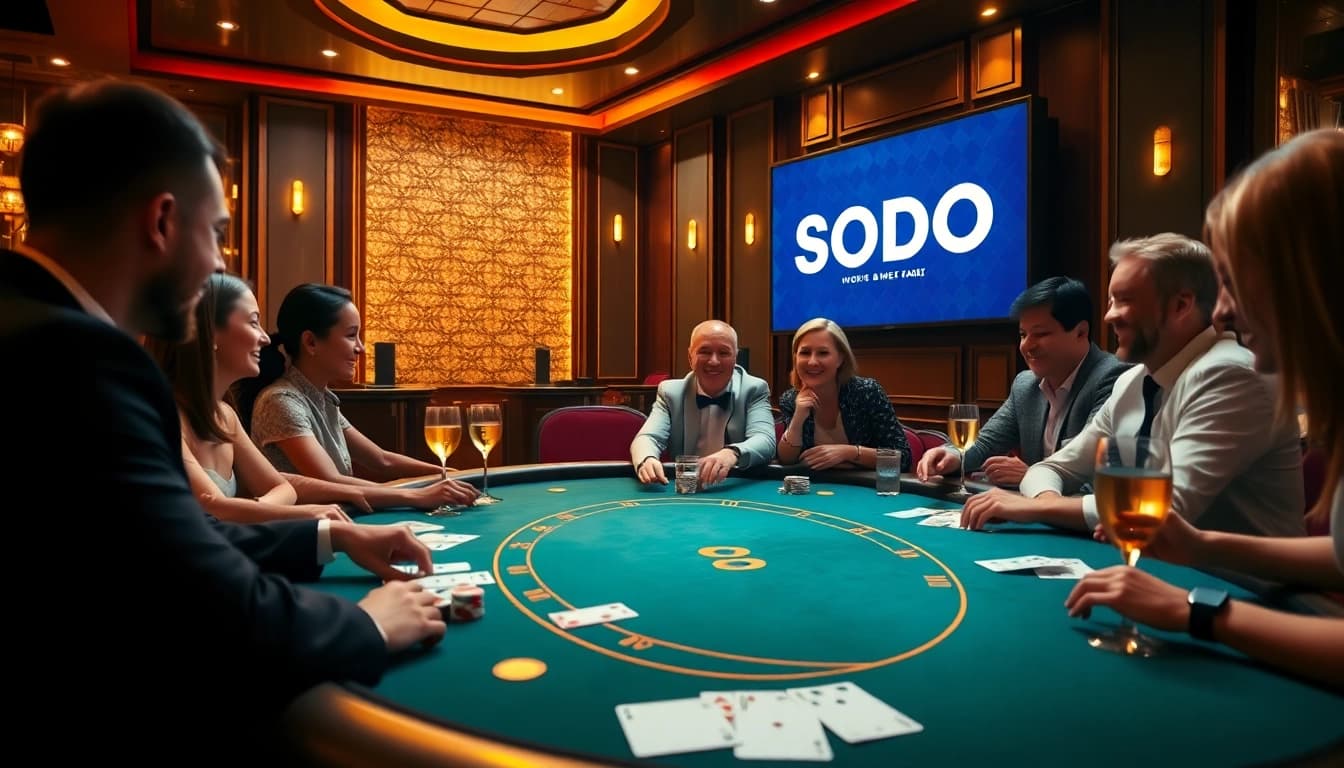 Enthusiastic players enjoying poker at SODO Casino with vibrant colors and an elegant atmosphere.