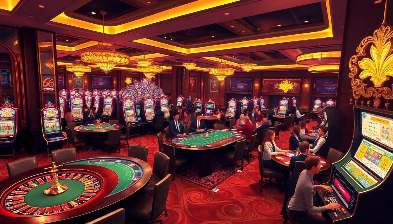 A vibrant PG66 casino scene highlighting poker games and slot machines in an upscale environment.