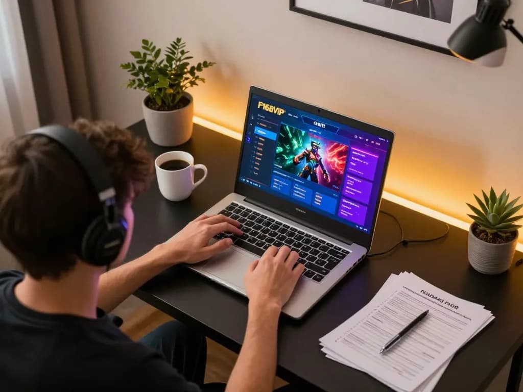 Engaging online gaming scene at home with F168VIP interface on display and strategy notes on desk.
