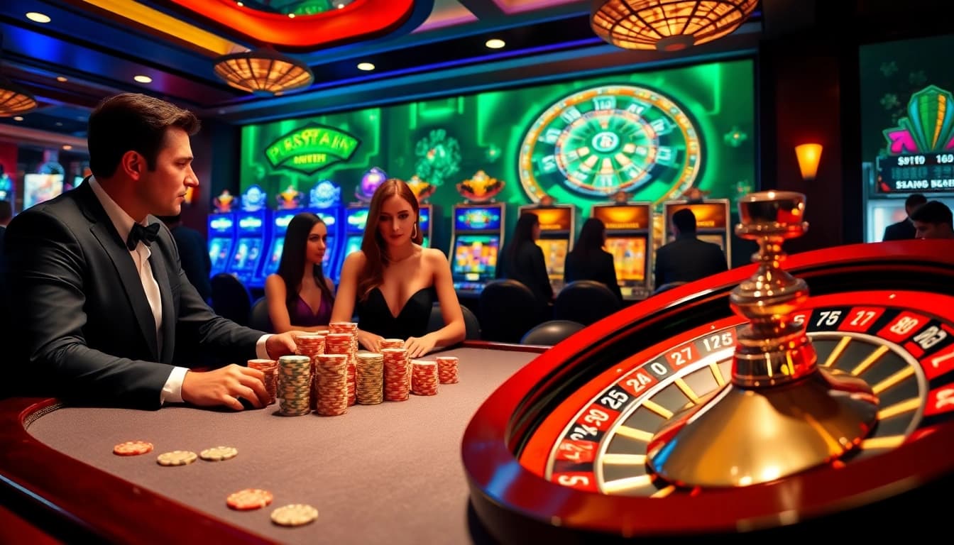 Experience high-stakes play at 8kbet's luxurious casino with poker chips and roulette action.