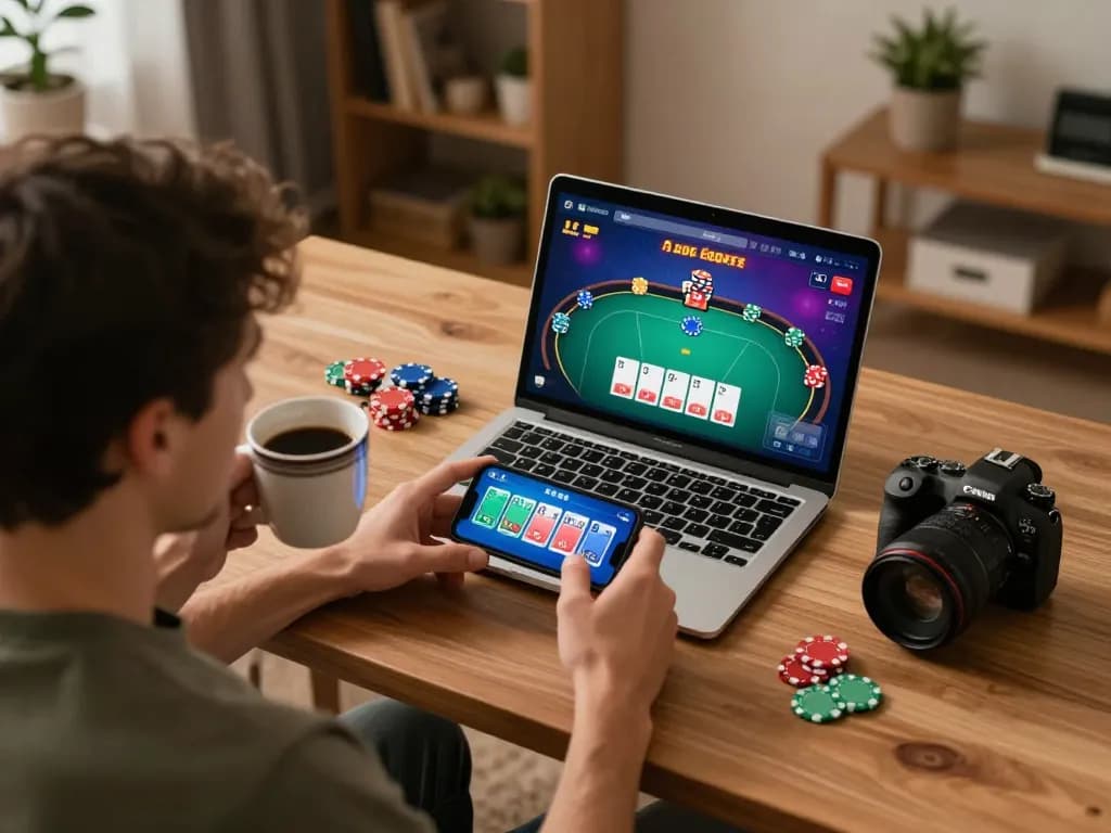 Playing poker online at home with Fly88 app on laptop and smartphone, creating a cozy gaming environment.