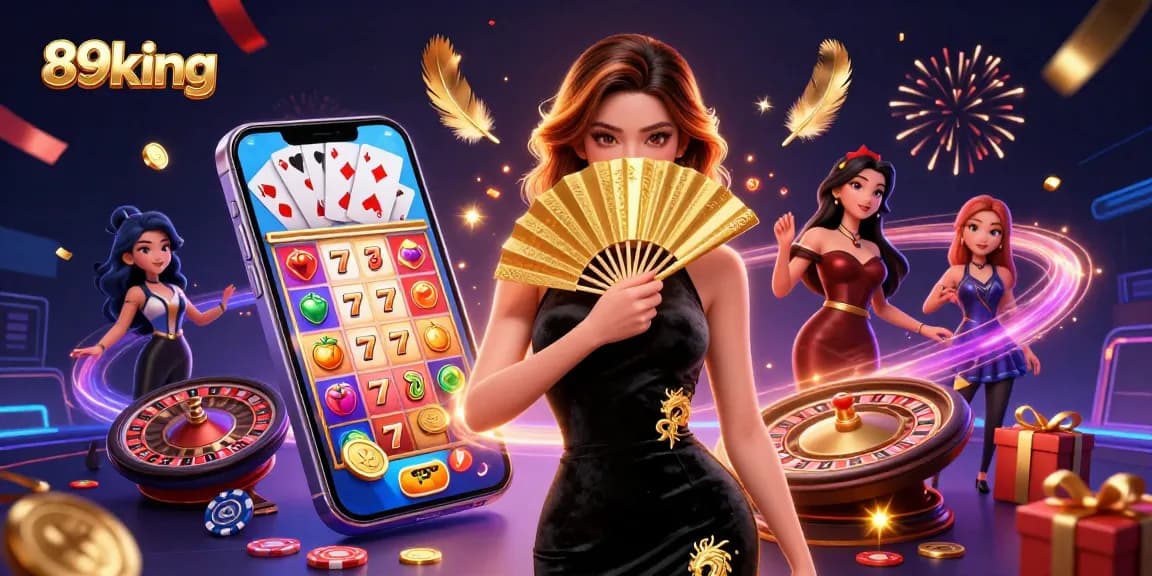 Engage in thrilling casino action with 89king showcasing a mesmerizing scene full of slot games and stunning characters.