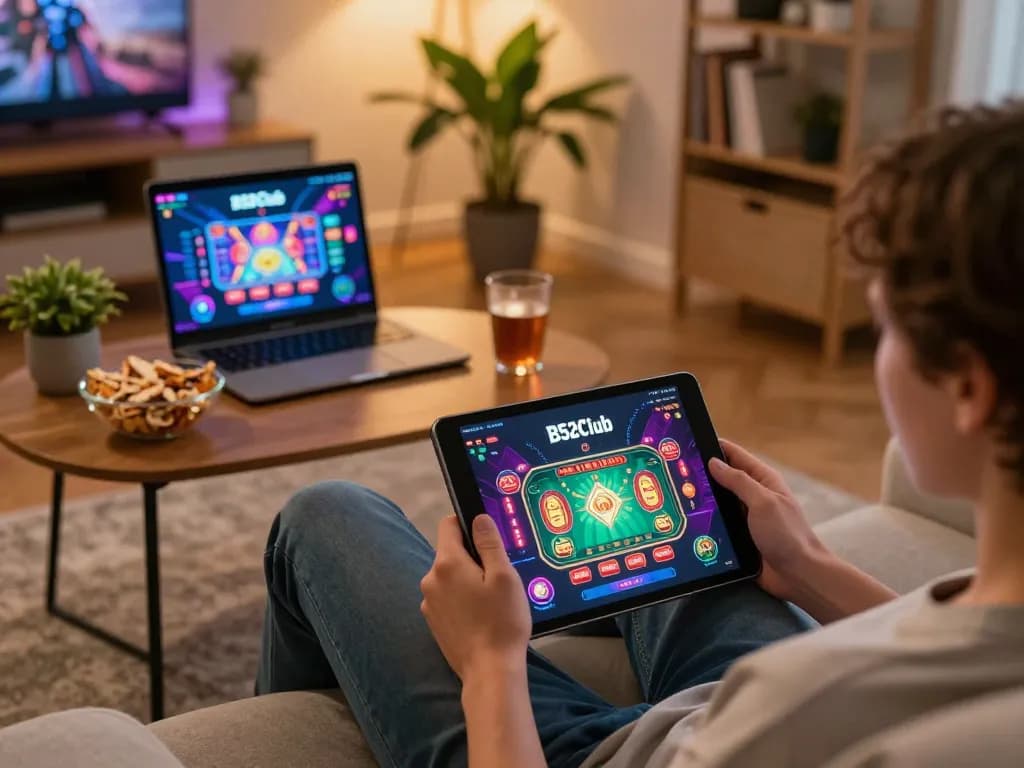 Engaging gameplay on the B52Club app from a cozy home setup, showcasing online gambling.