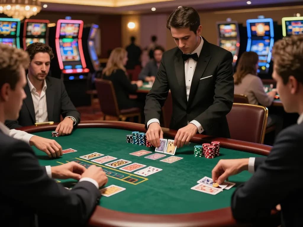 ONE88 blackjack table action featuring engaged players and professional dealer in a luxe casino.