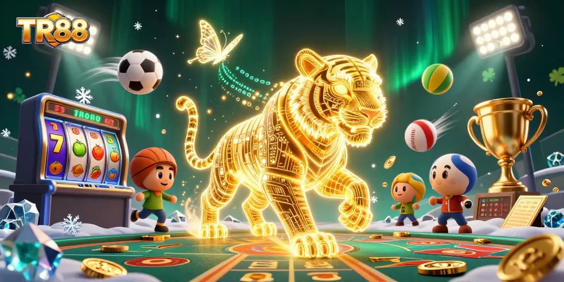 Experience thrilling gameplay at TR88 with a golden tiger and vibrant slot elements in a dazzling casino.