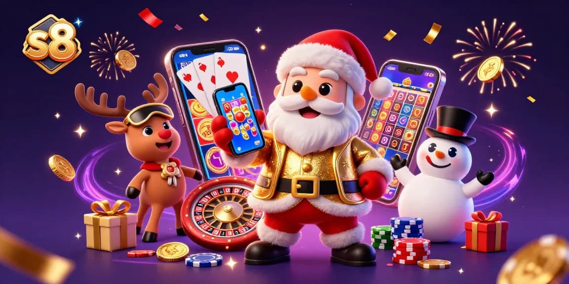 Celebrate big wins at s8 with Santa and friends in this vibrant casino scene featuring slots and poker elements.