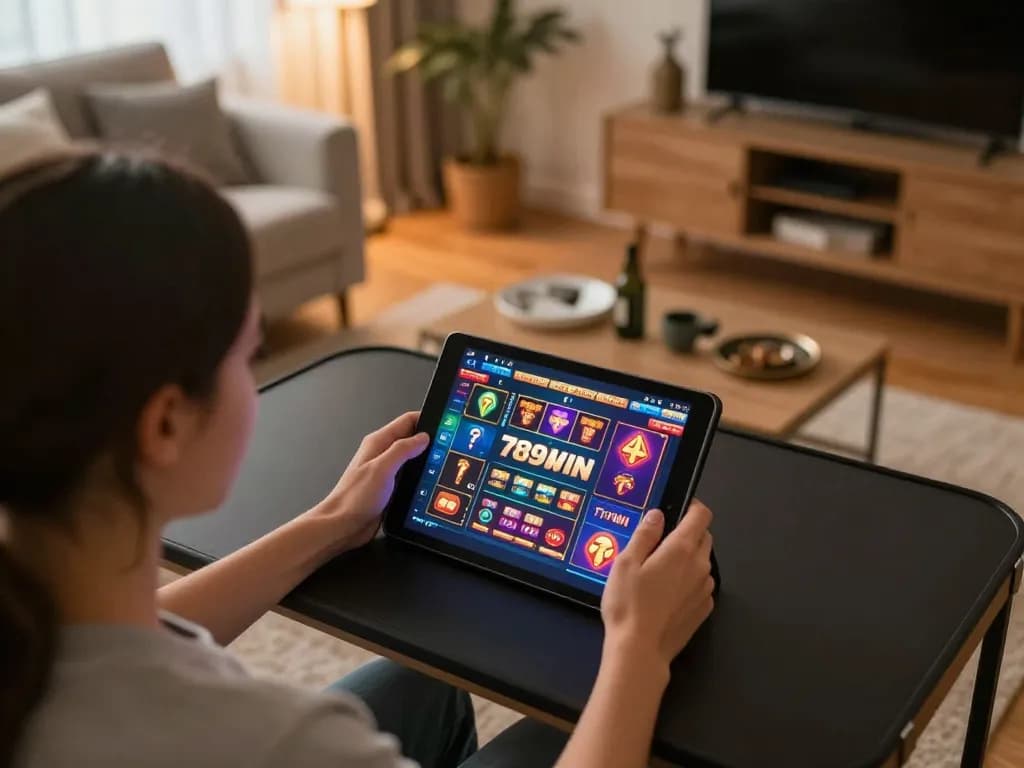 Engaged player enjoying 789WIN online casino on tablet in a cozy home setup
