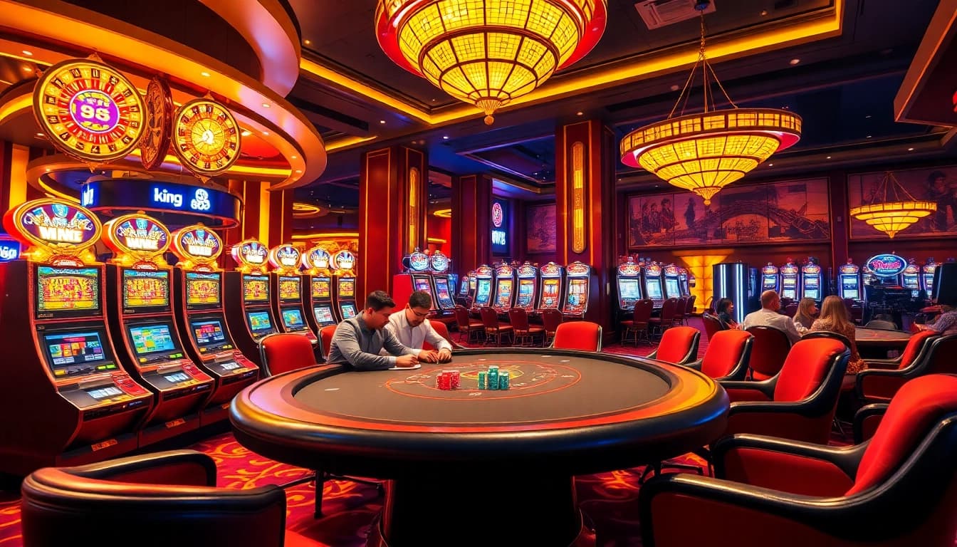 Experience the luxury of king 88 with vibrant casino gaming tables and slot machines in a glamorous setting.