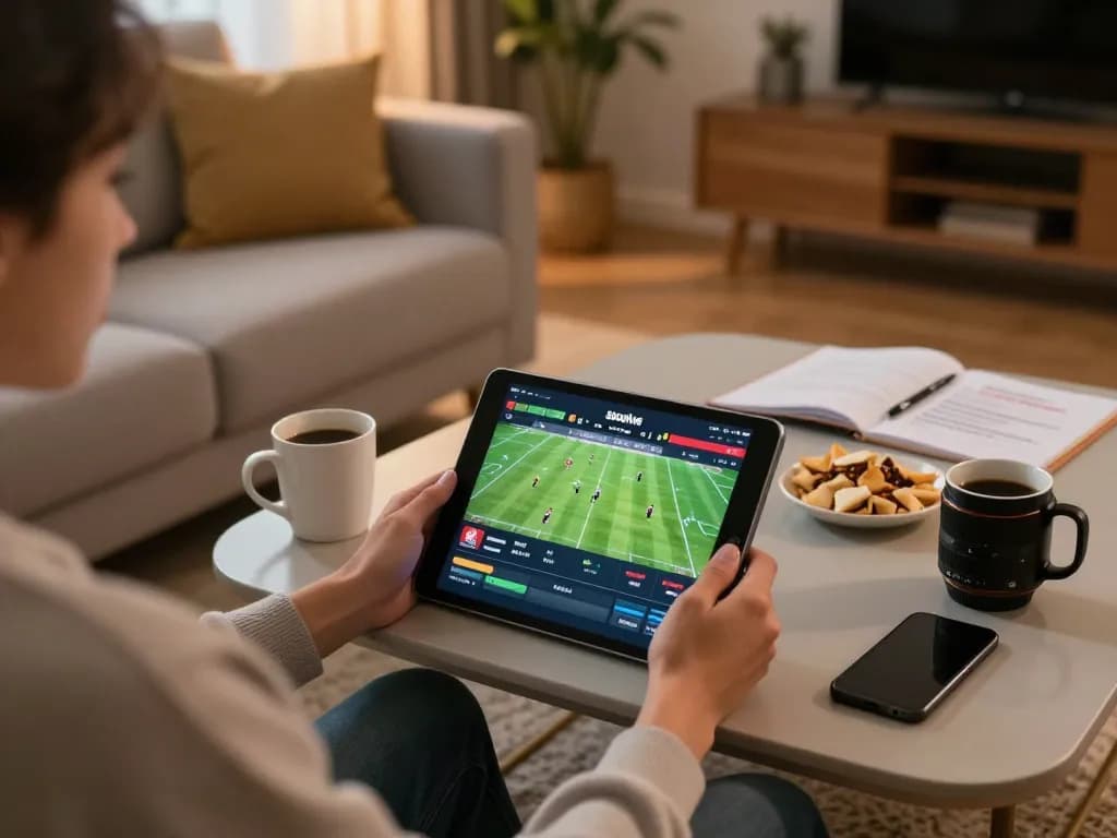 Socolive user engaging in sports betting at home, showcasing live match interface and cozy setup.