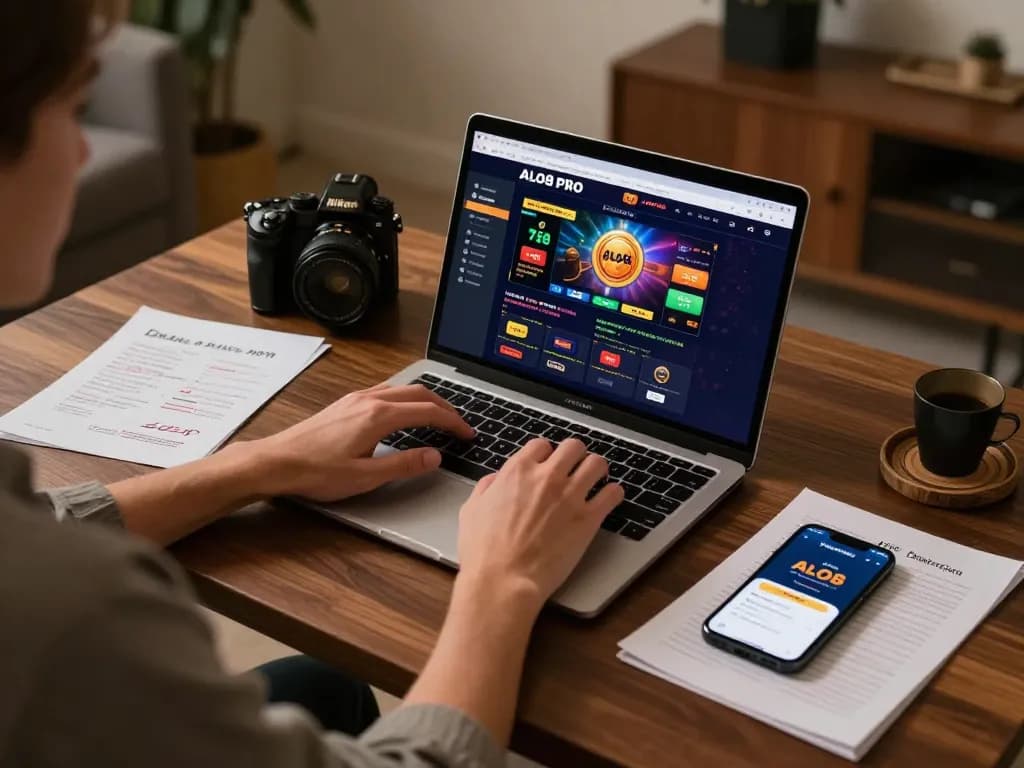 Person engaging with the ALO8 PRO casino gaming interface on a laptop, surrounded by strategic betting notes.