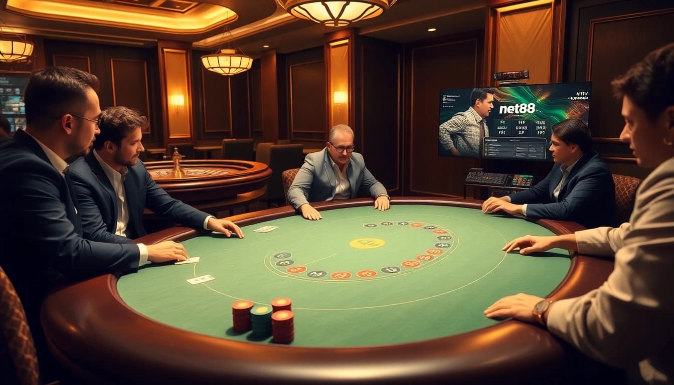 The immersive poker scene highlights action at a casino table, showcasing https://net88.wtf/ official gaming elements.