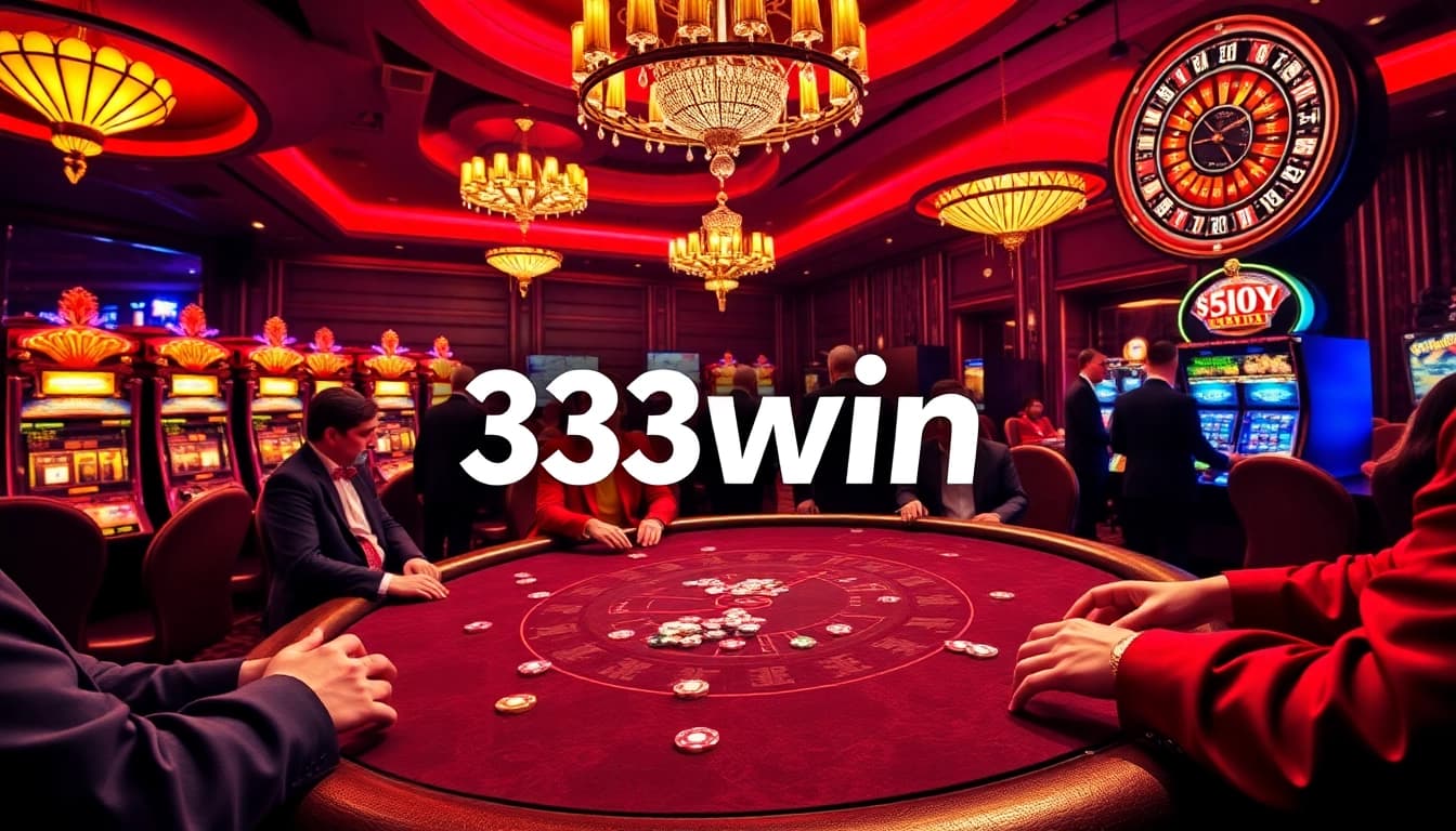 Players engaging in a thrilling poker game at 33win's luxurious casino, capturing the excitement of high-stakes betting.