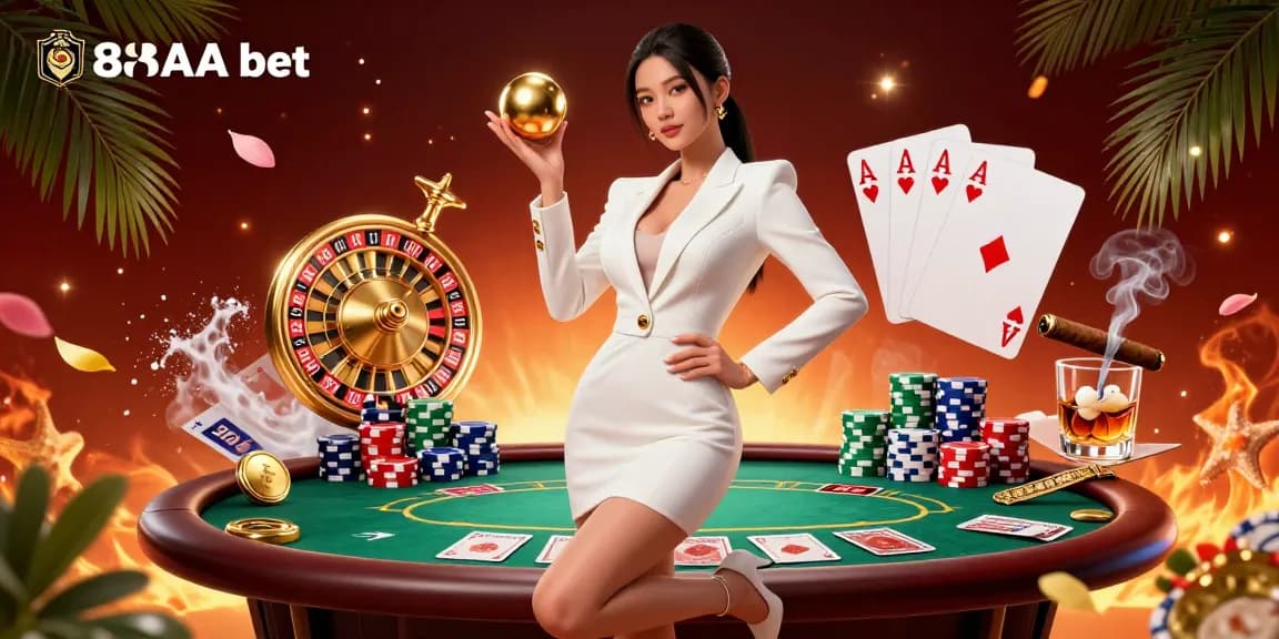 Experience thrilling gameplay with 88AA bet, where a confident woman showcases luxury casino vibes amidst vivid game elements.