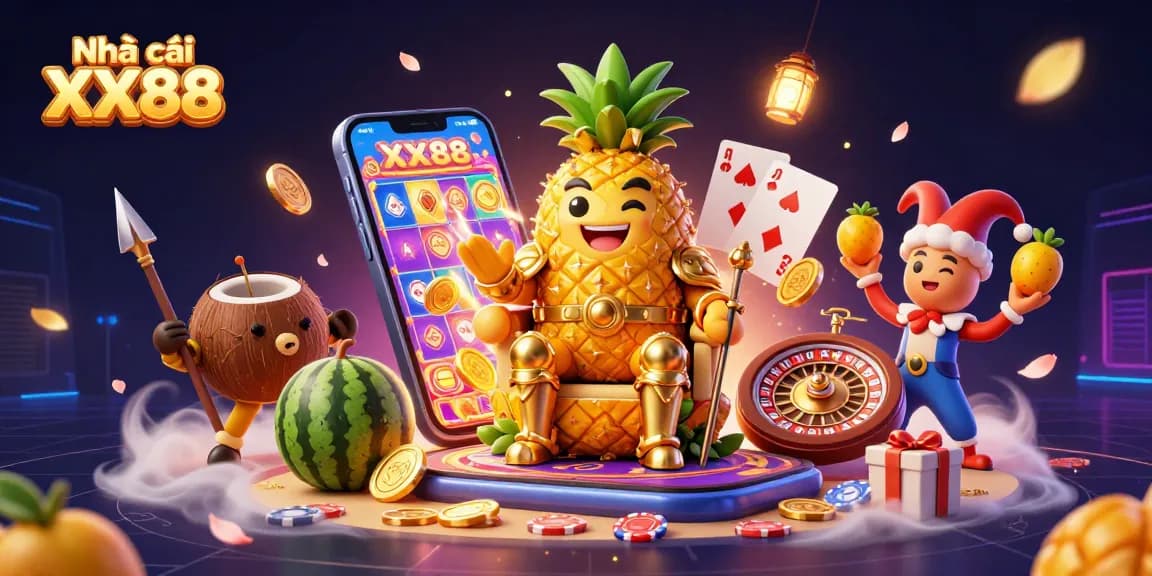 Experience the vibrant world of Nhà cái XX88 with a cartoon pineapple king and casino fun!