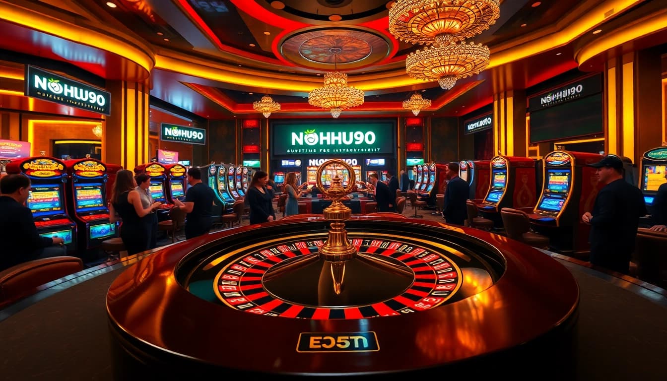 Experience the excitement of NOHU90 with vibrant players at a luxurious casino table.