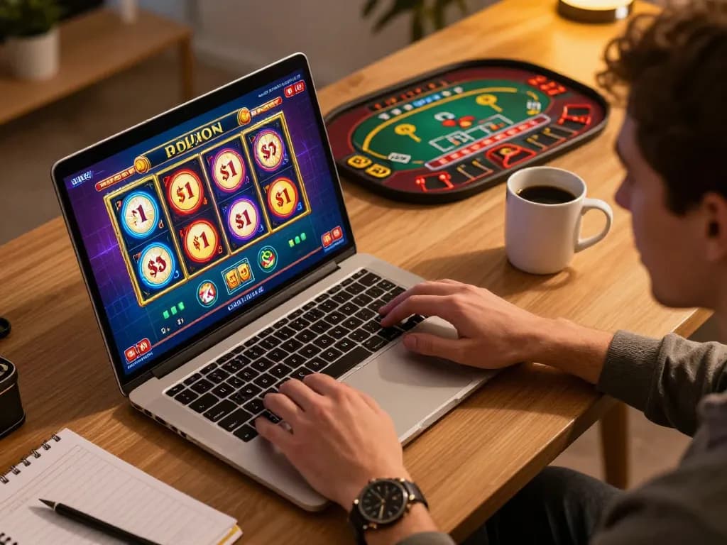 Engaging in online casino games at home on a laptop, highlighting kp88's diverse gaming options.