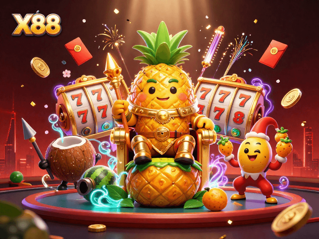 X88 casino scene featuring a golden pineapple king and jester amidst vibrant casino elements.