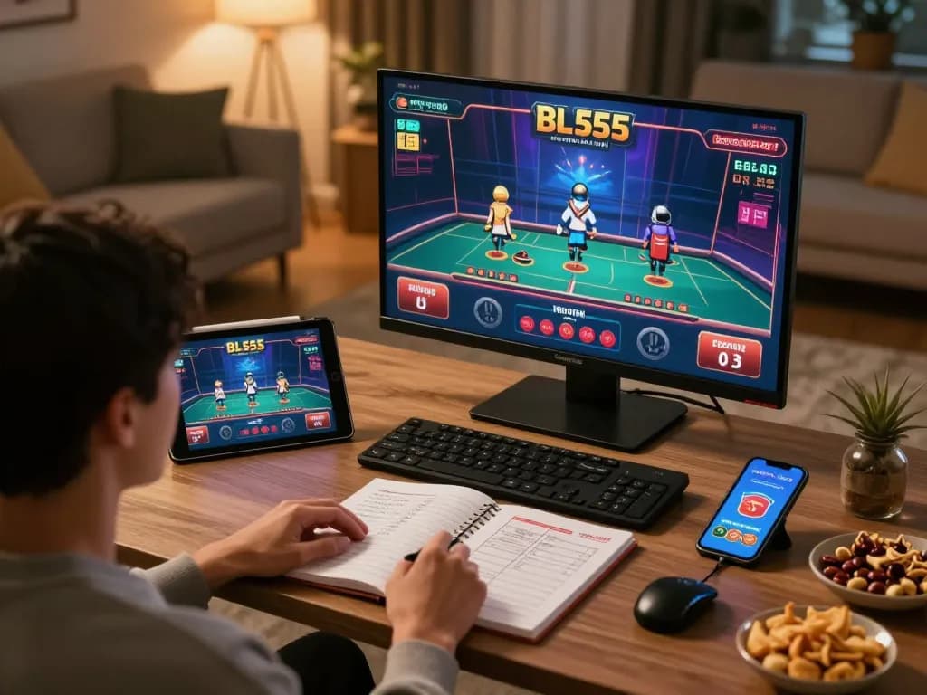 Player engaging with BL555 online casino app at home, showcasing live dealer interaction and strategic setup