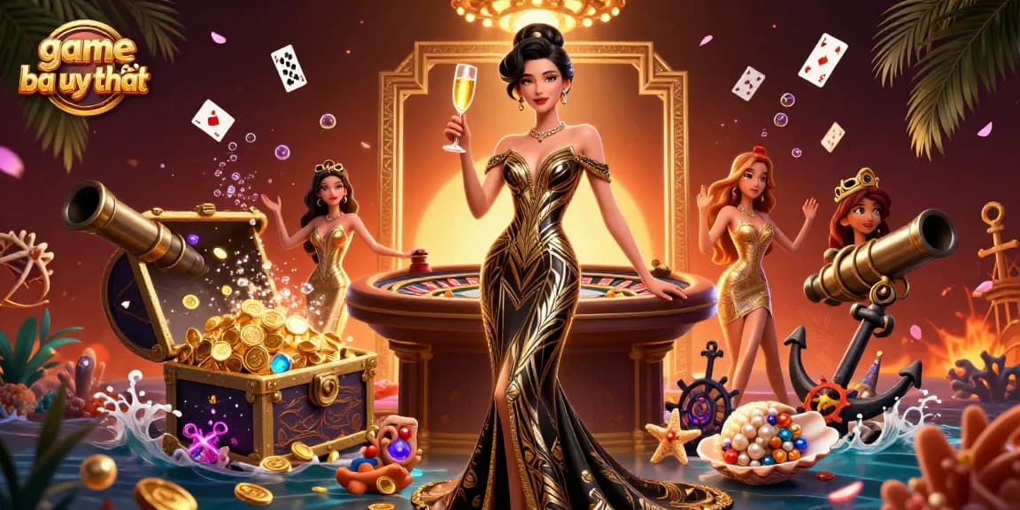 Experience game bài uy tín with an elegant Asian woman amidst golden treasures and vibrant casino elements.