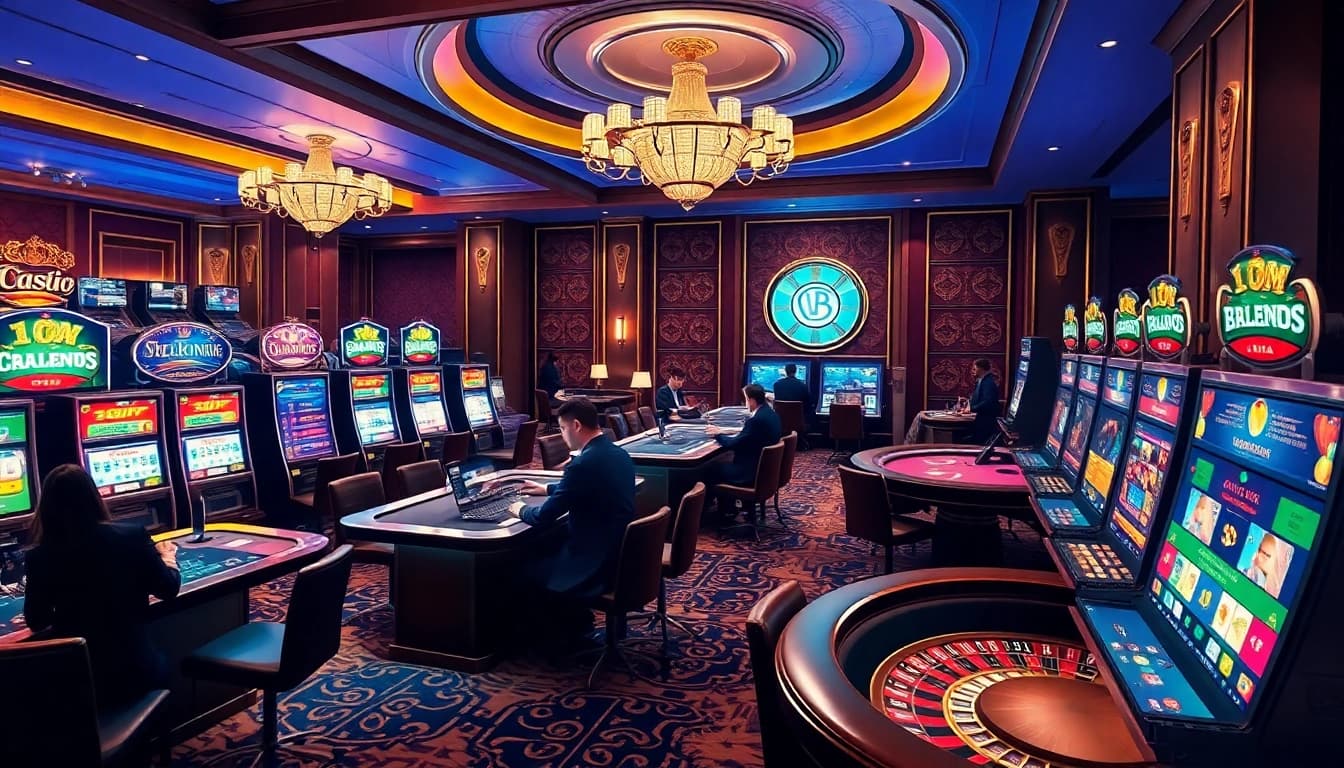 Players enjoying various games at https://vu88.ink/ online casino, with vibrant lights and elegant tables.