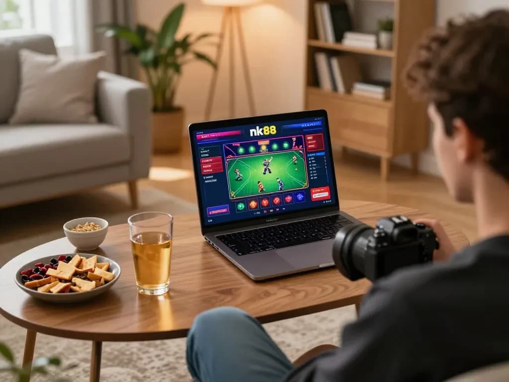 Player enjoying nk88 online gaming on a laptop in a cozy living room setup.