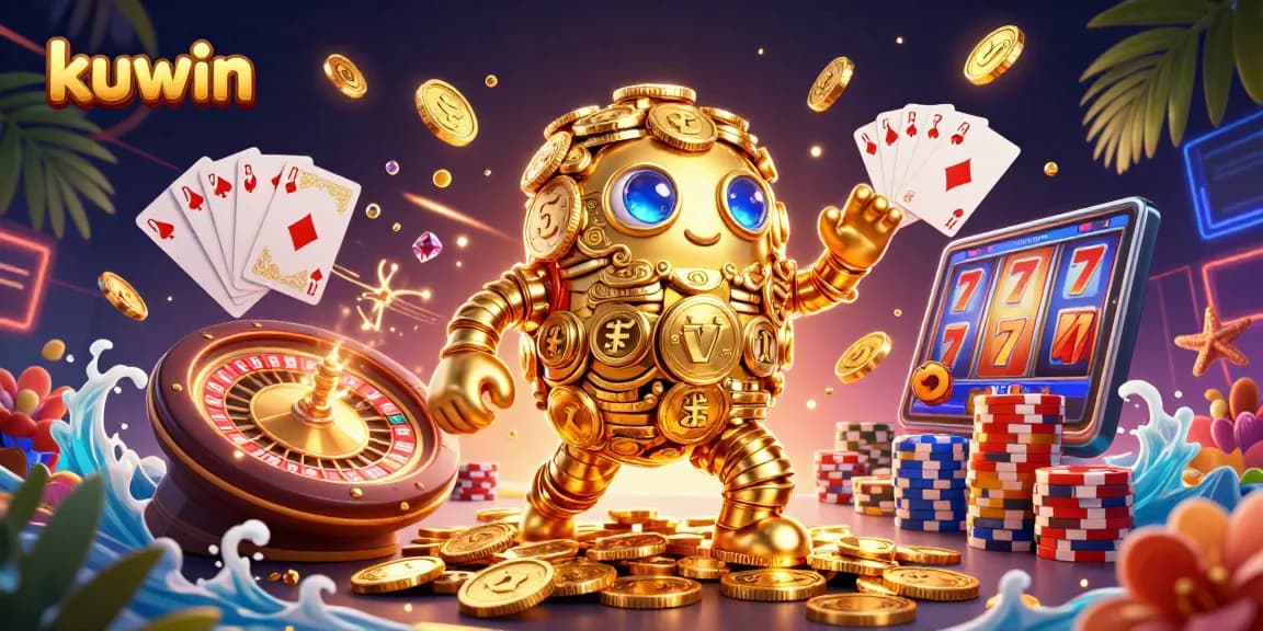Kuwin's golden golem attracts players with cascading coins and vibrant slot reels in a thrilling casino scene.