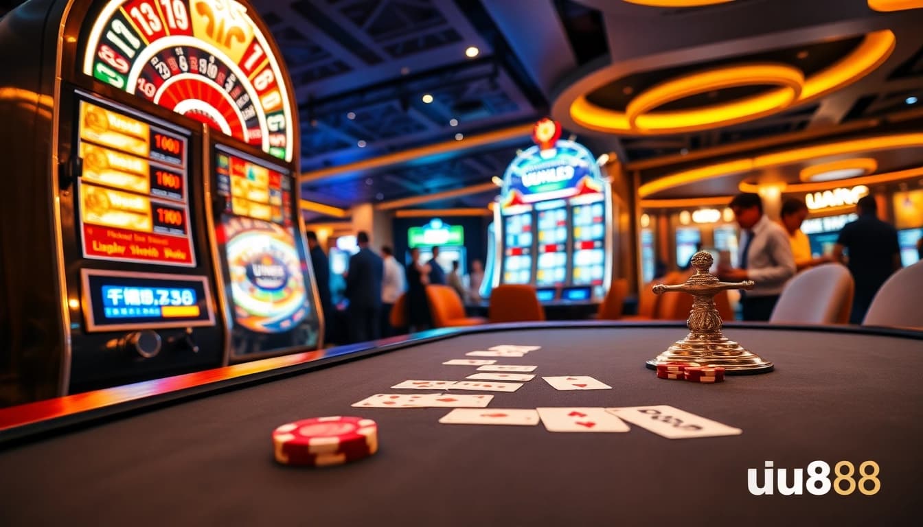 Players enjoying exciting games at UU88 casino with vibrant slot machines and a live dealer table.